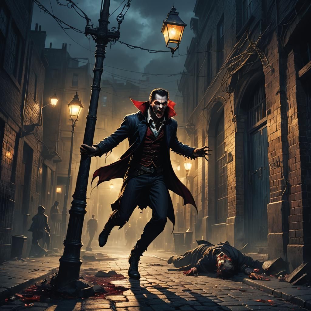 Vampire Attack in Dark Alley, Dark Fantasy Art