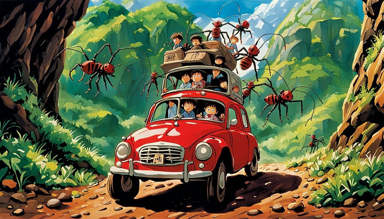 Kids Ride Ant in Ghibli Film Style