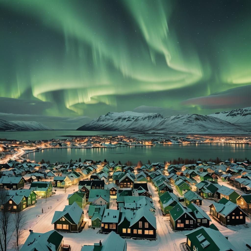 Town Illuminated by Green Northern Lights