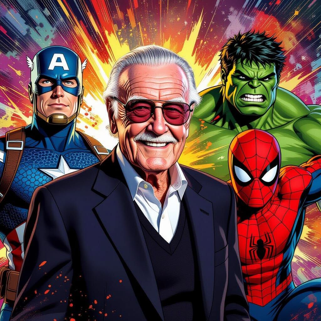 Stan Lee With Marvel Heroes in Hyperrealistic Splash Art