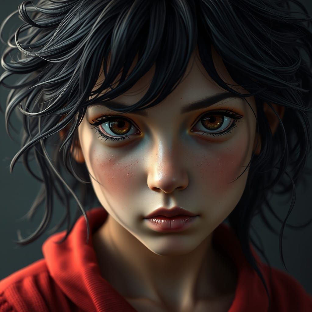 Girl with Wild, Dark Hair and Piercing Brown Eyes in a Serio...