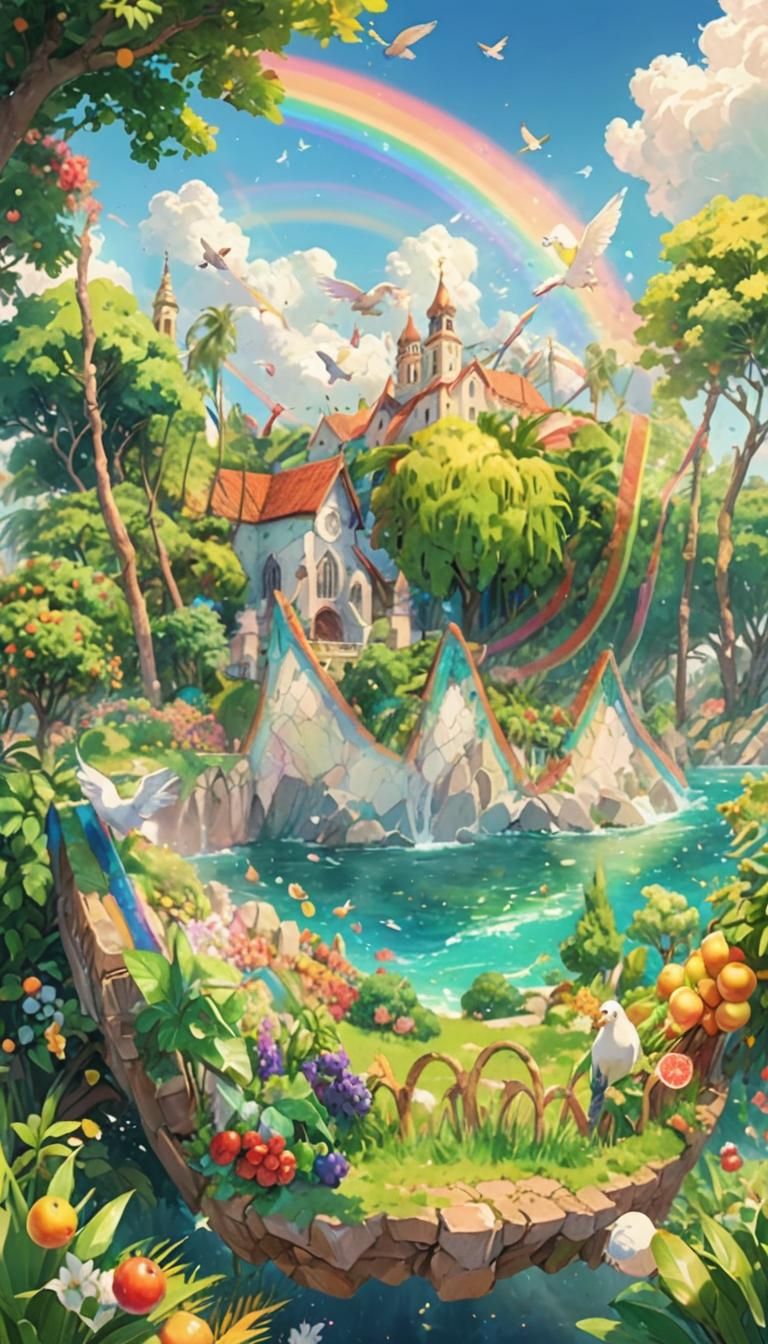 Serene Island Paradise with Rainbows in 3D Anime Art
