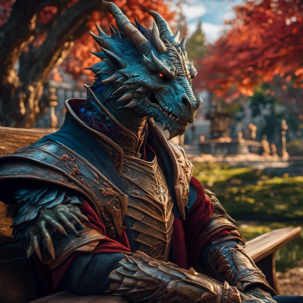 Dragonborn Portrait on Park Bench in Detailed Matte Painting