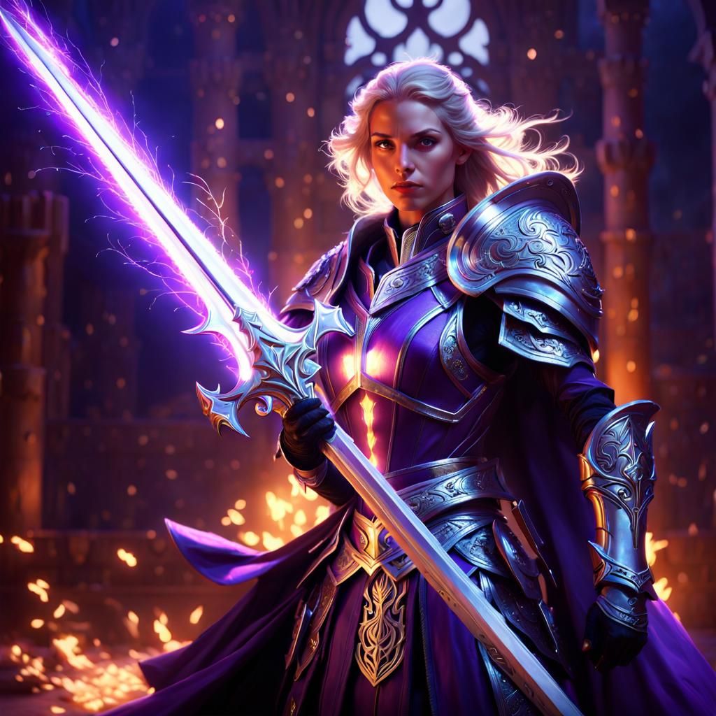 Female Paladin in Purple Armor with Glowing Sword