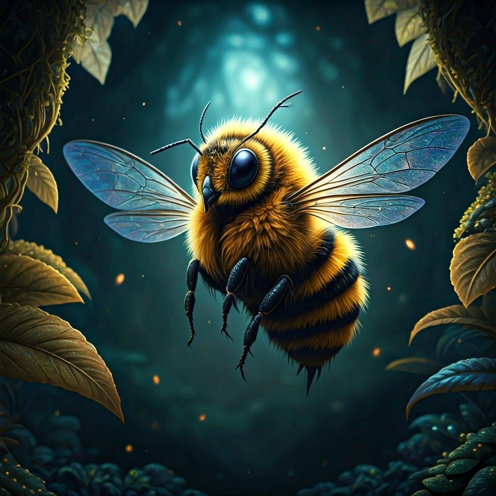 Whimsical Iridescent Bee-Bird Hybrid in Enchanted Landscape