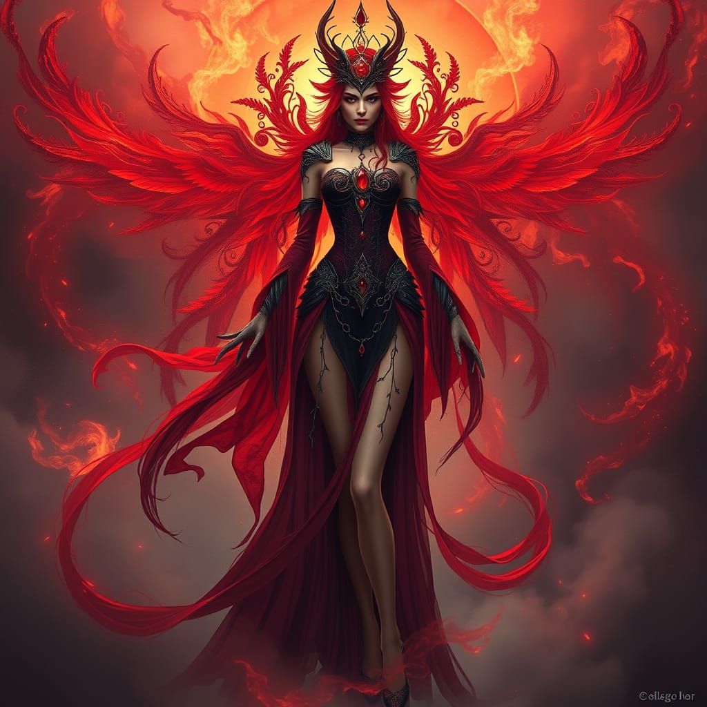 Cyberpunk Fire Queen in Ruby and Copper Attire, Surrounded b...