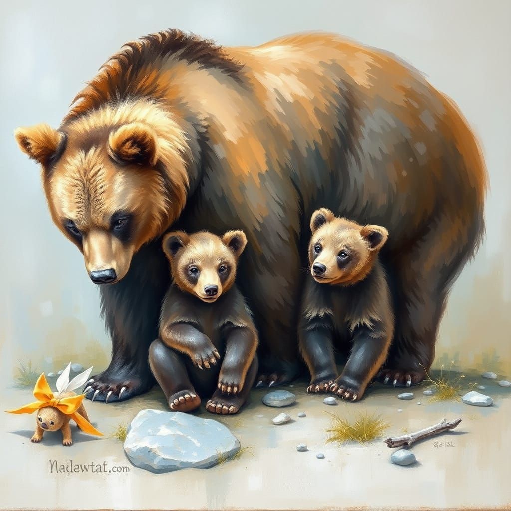 Muted Bear Family Oil Painting in Classic Style