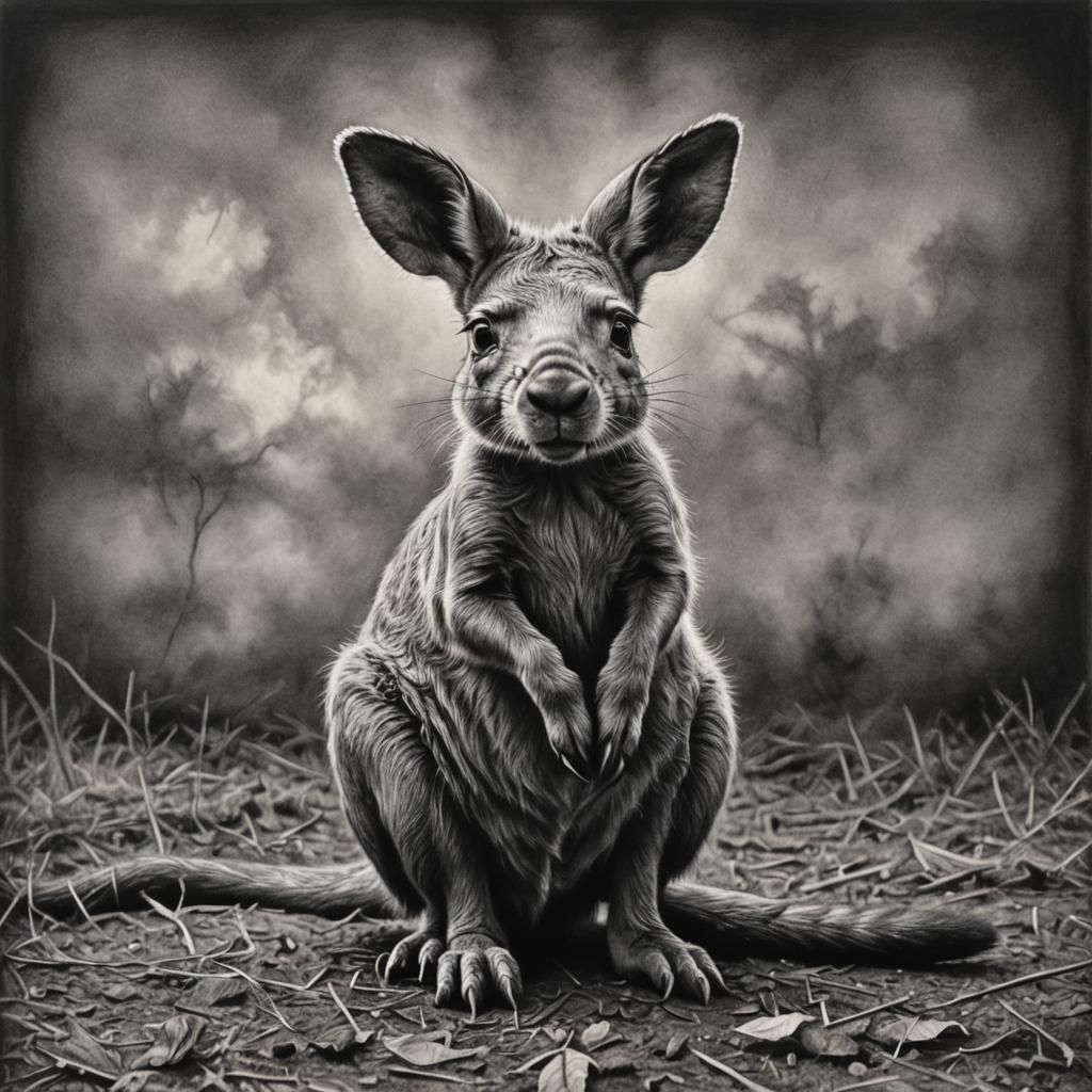 Hyperdetailed Charcoal Drawing of a Pig-Kangaroo Hybrid
