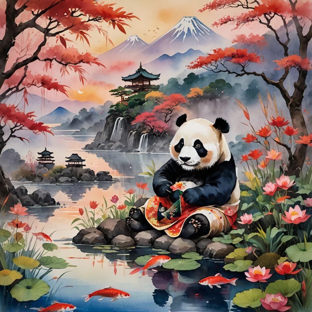 Panda Geisha at Mount Fuji: Impressionist Watercolor Art