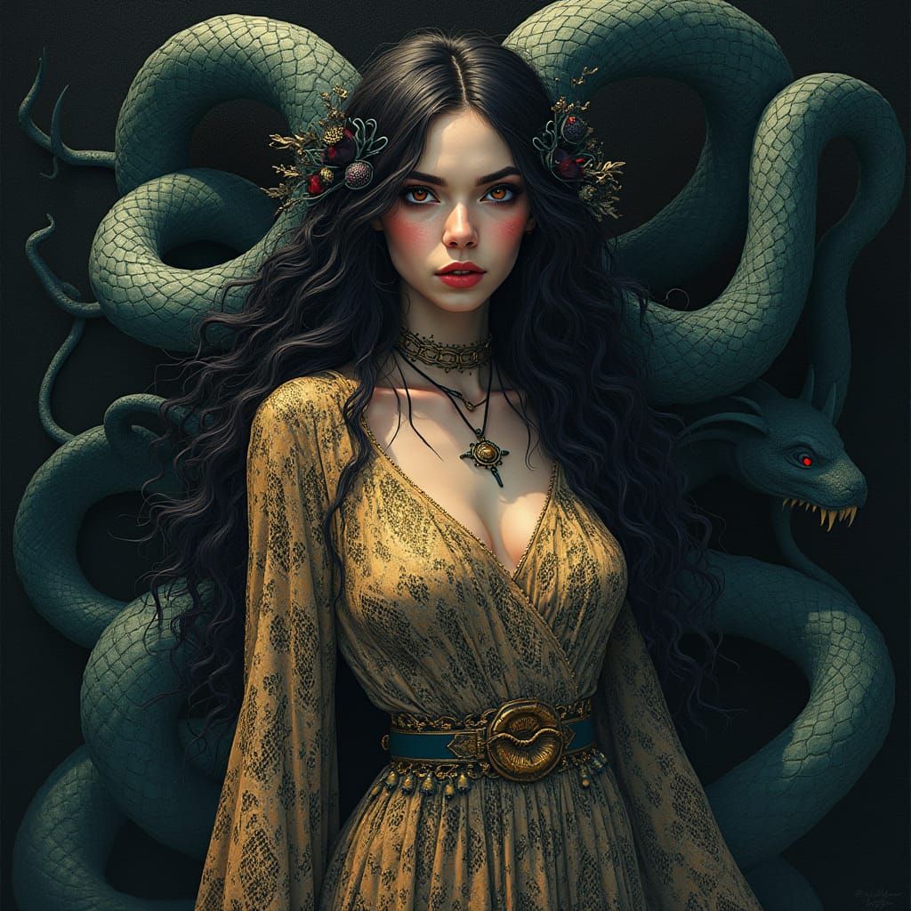 Medusa in Snakeskin Robe, Mixed Media Art