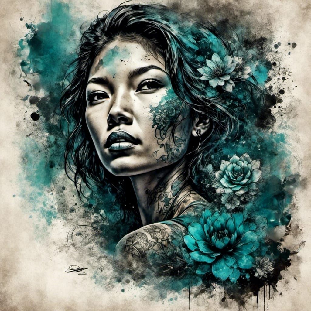 Maori Girl with Tattoos on Beach in Grunge Style