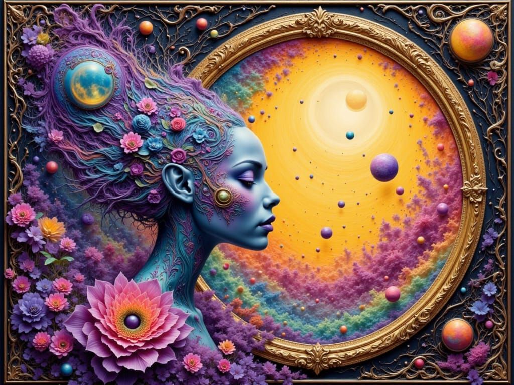 Alien Woman Gazing at Galaxy Window