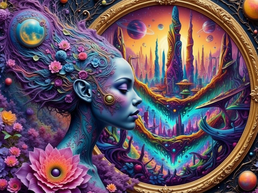 Elegant Alien Woman Gazes at Starry Galaxy Through Gold Fram...