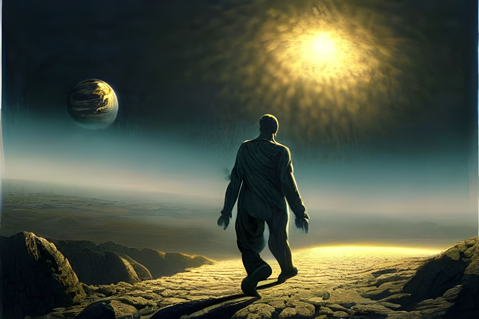 Strange and Beautiful World Walker in Surreal Landscape