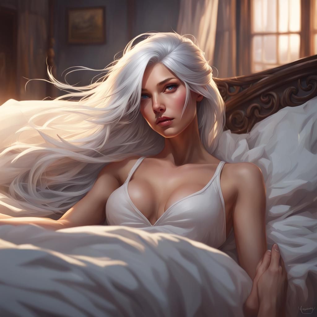 Beautiful Woman with White Hair Portrait, Hyperdetailed Art