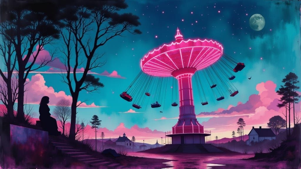 Eerie Neon Carnival Rides in Surreal Concept Art