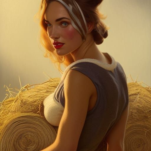 Hay-Covered Pin-Up Girl Portrait in Digital Art Style