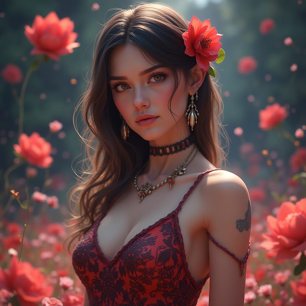 Girl in Vibrant Floral Concept Art
