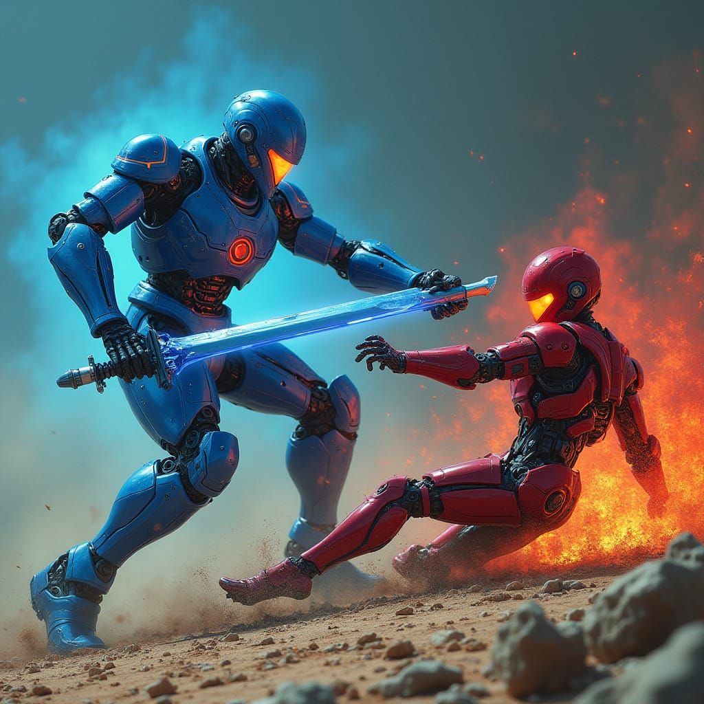 Robots Clash: Blue Neon Sword Versus Red Armor