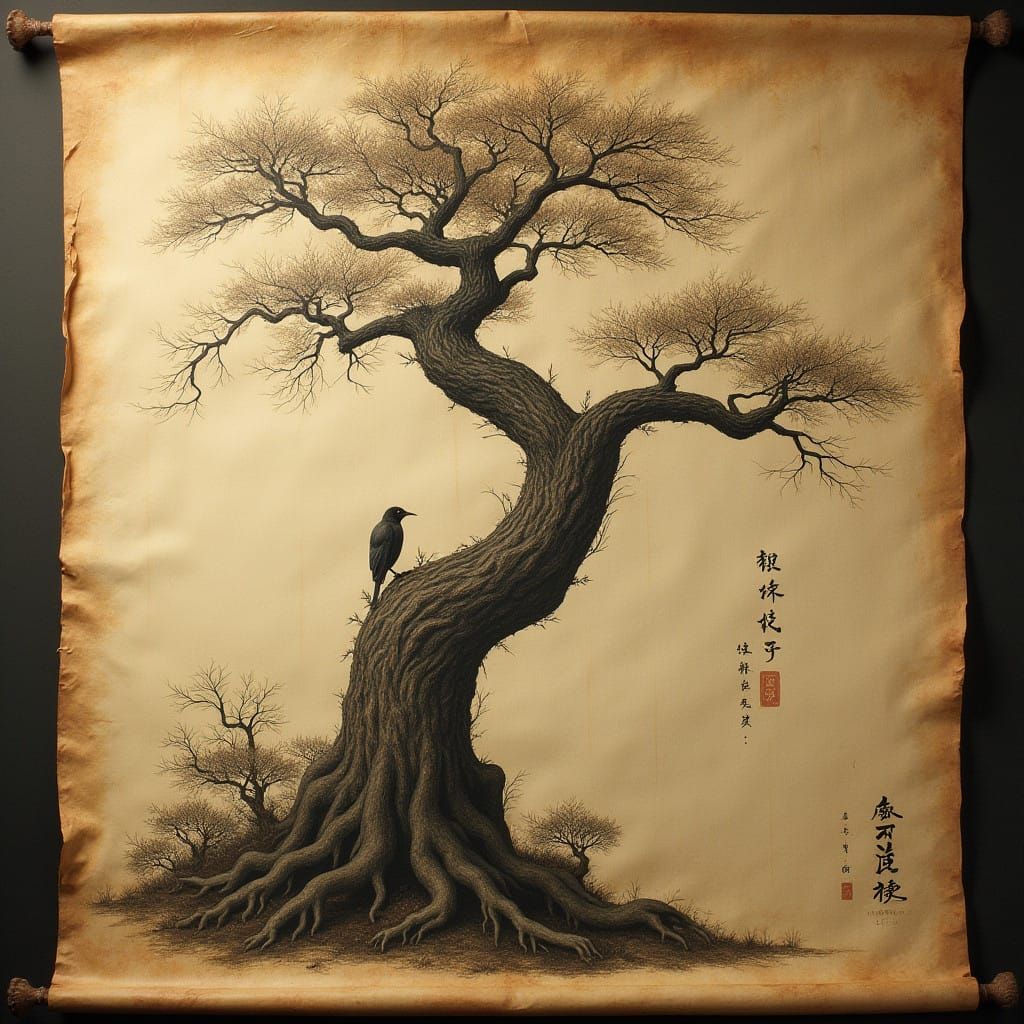 Japanese Scroll Art: Mysterious Tree with Bird in Charcoal