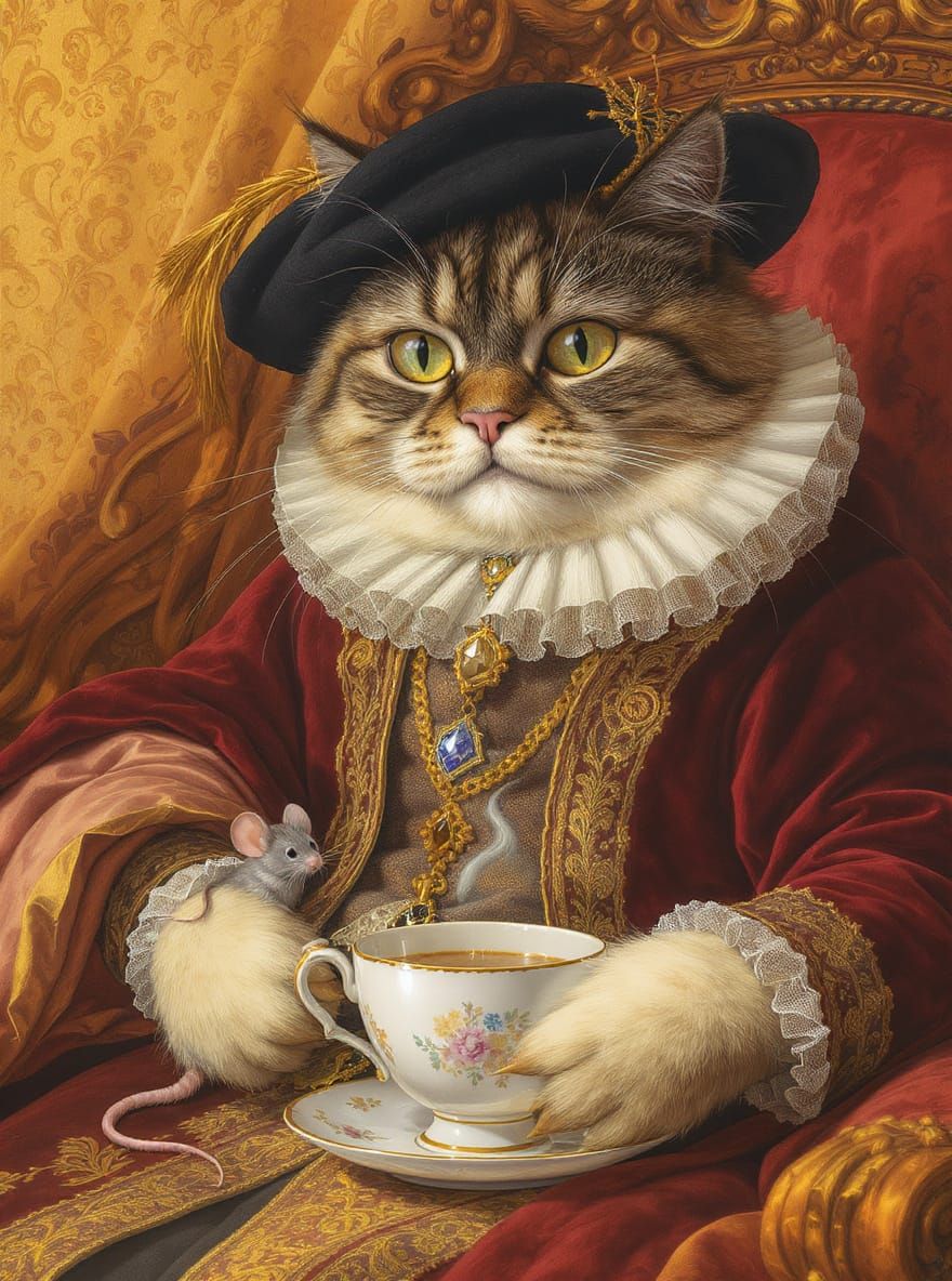 Renaissance Cat and Teacup Mouse Caricature