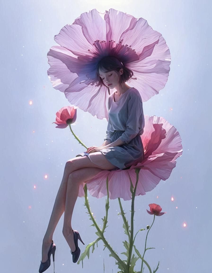 Girl on Pink Poppy Flower in Digital Art