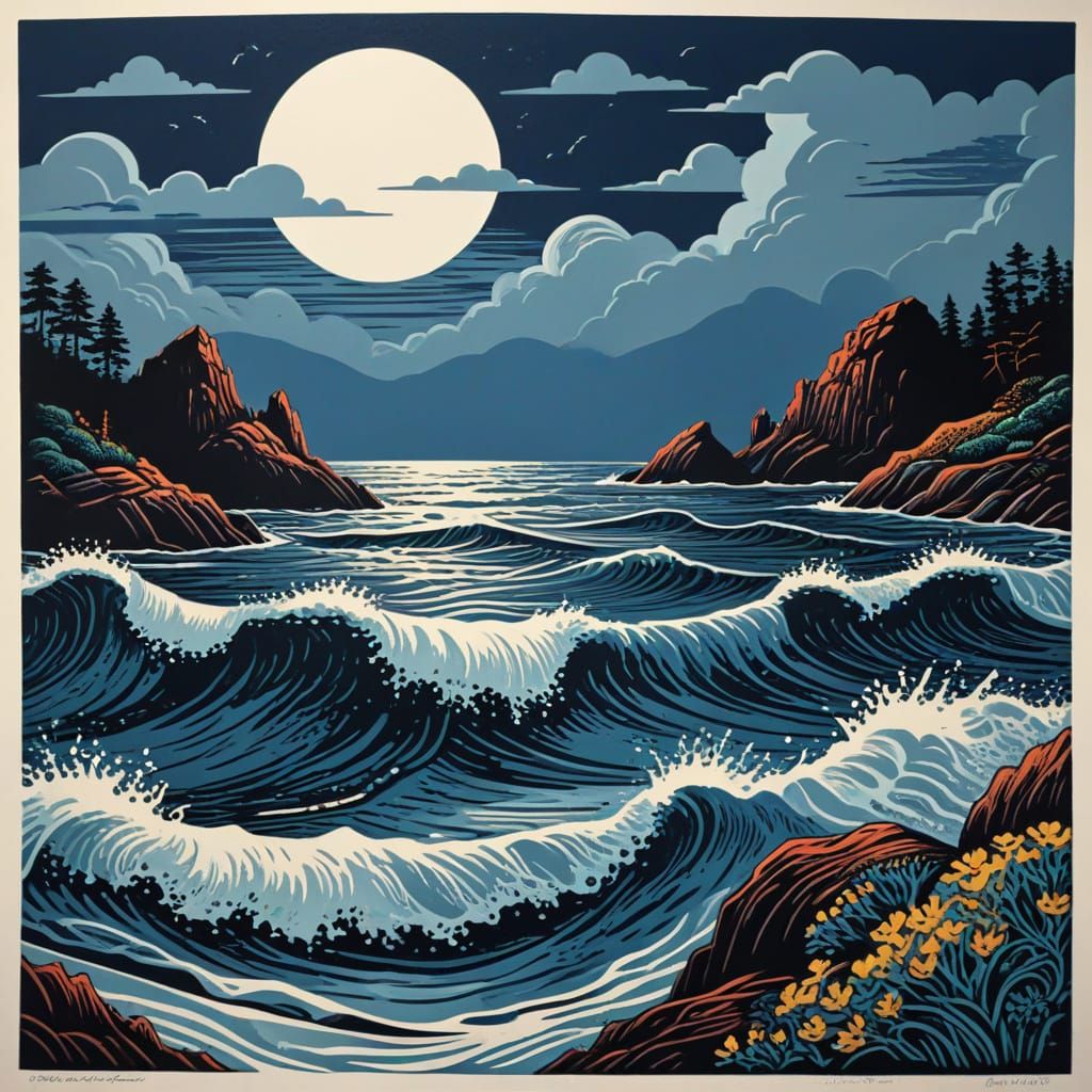 Minimalist Linocut Ocean Landscape Print