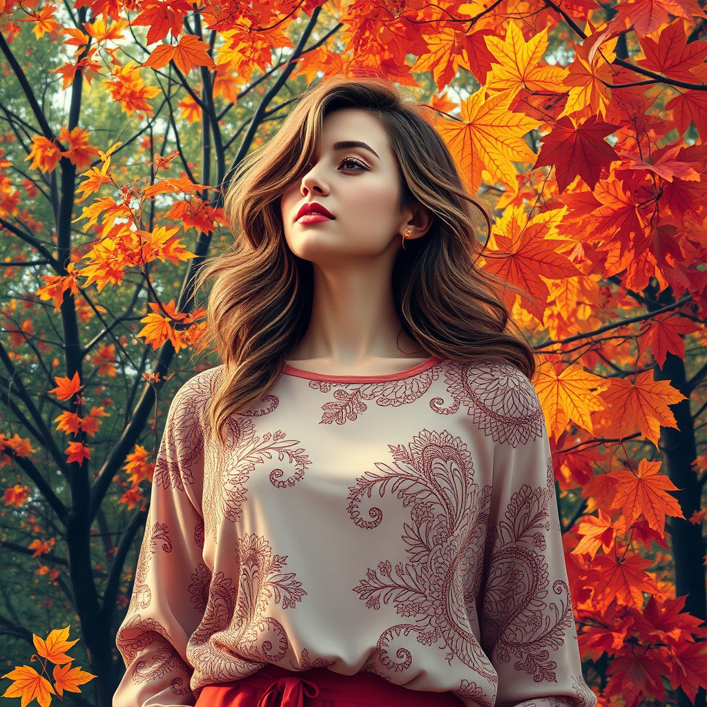 Woman in Autumn Clothes Surrounded by Summer Foliage