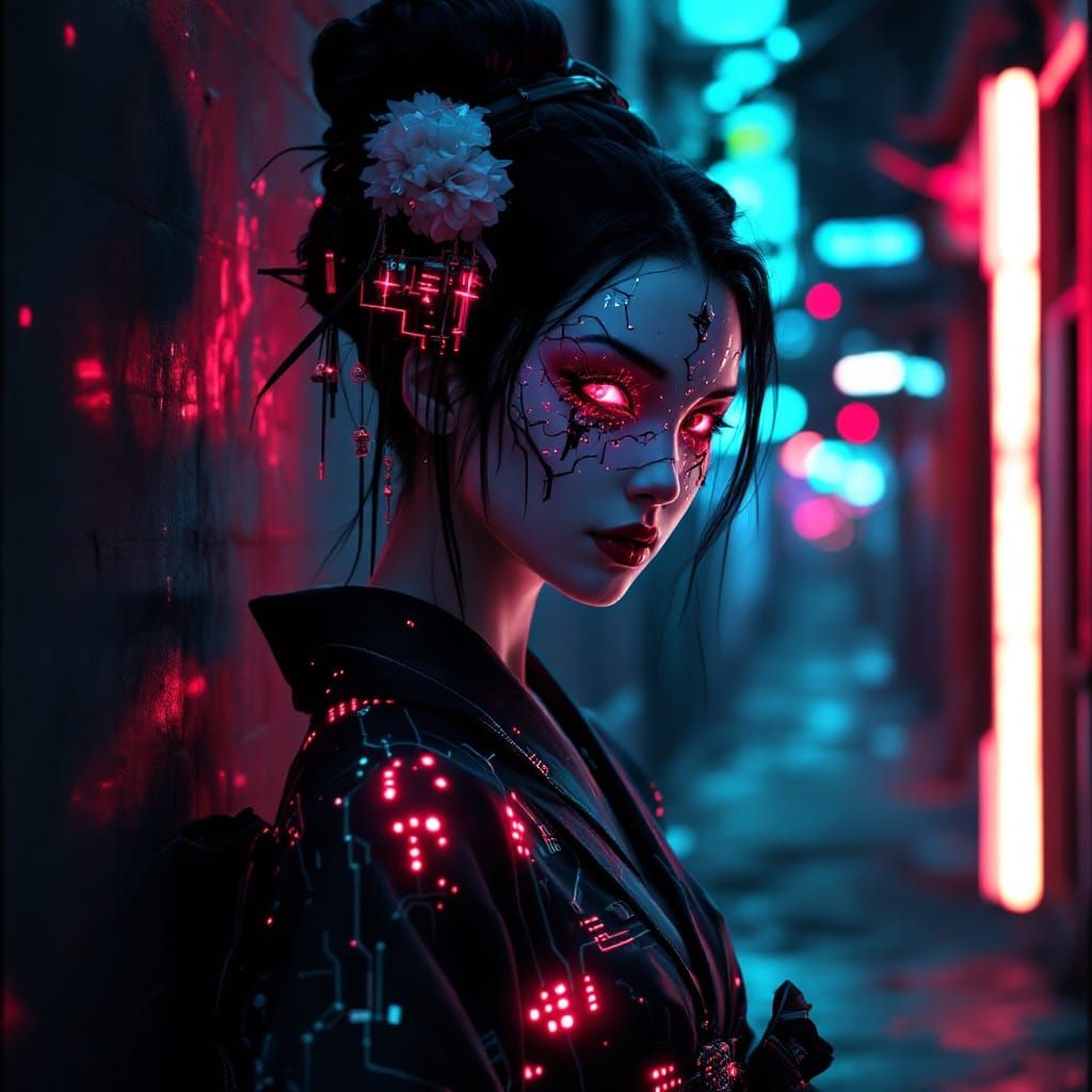Cyberpunk Geisha in Neon Alleyway