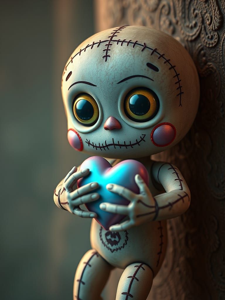 Whimsical Voodoo Doll with Delicate Heart in Dreamy Gradient...
