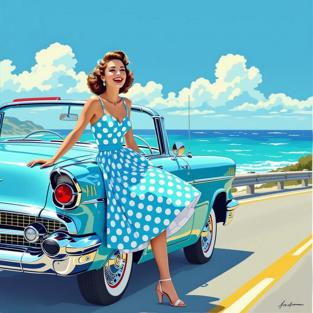 Joyful Woman in 1950s Dress with Vintage Car