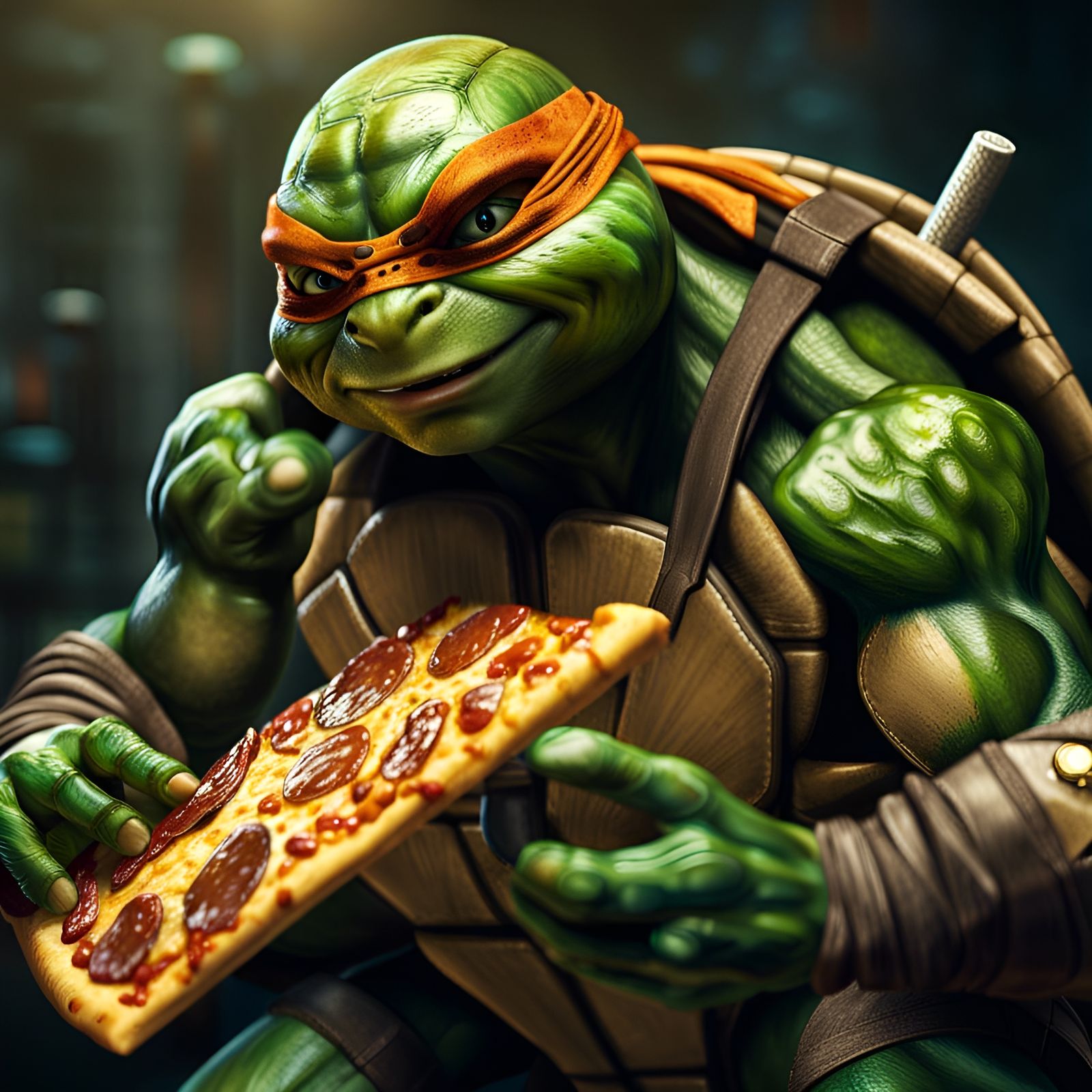 Michelangelo of TMNT Eating Pizza, Hyperdetailed Concept Art