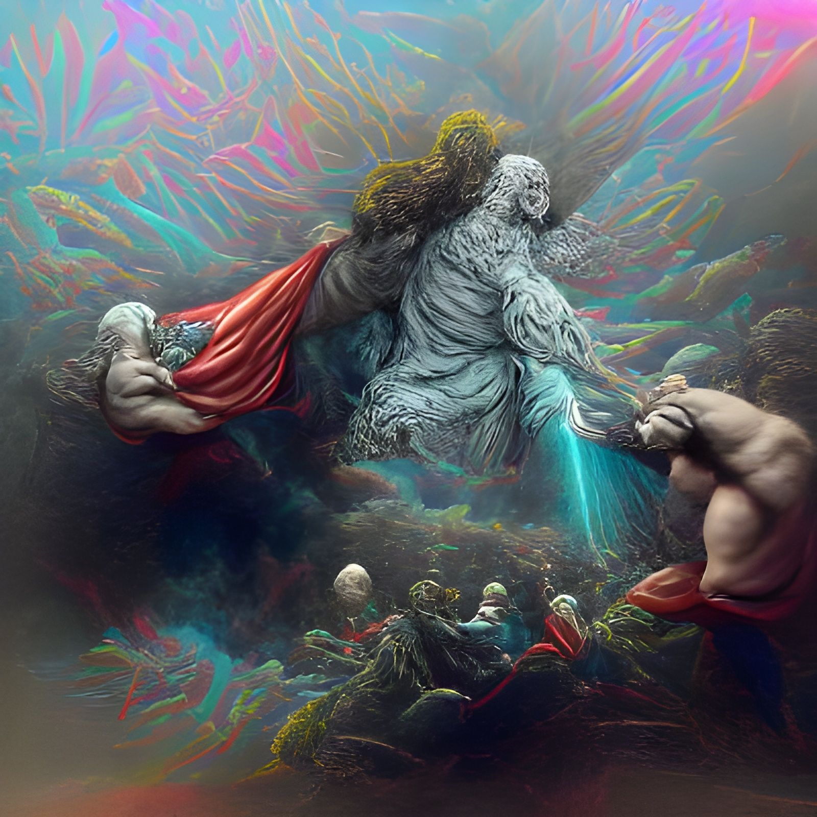 Cosmic Battle of Gods in Horror Style