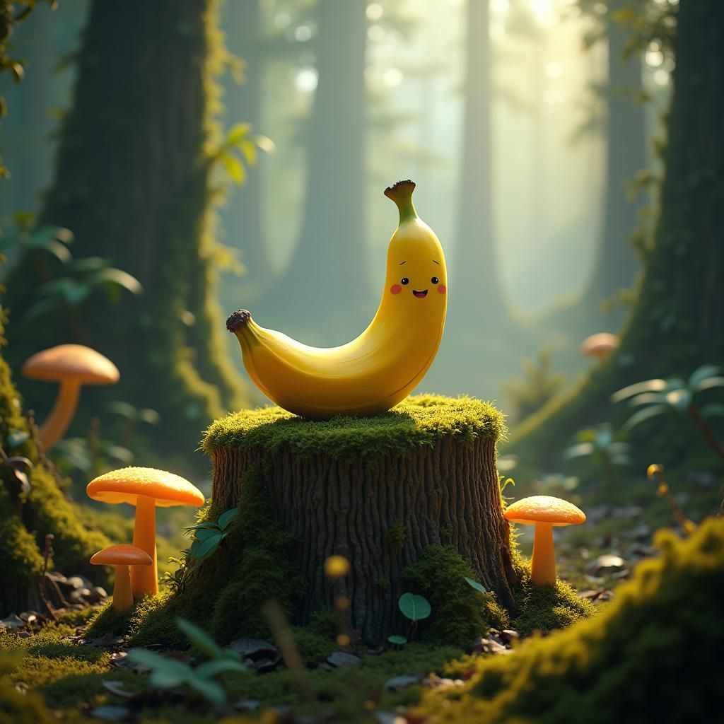Smiling Banana in Mystical Forest, Digital Art