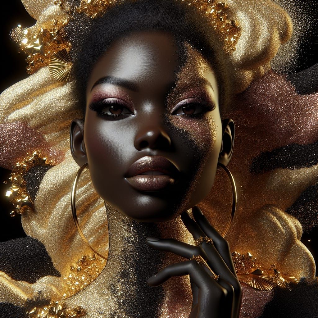Golden Maximalist Portrait of Woman in 3D Collage