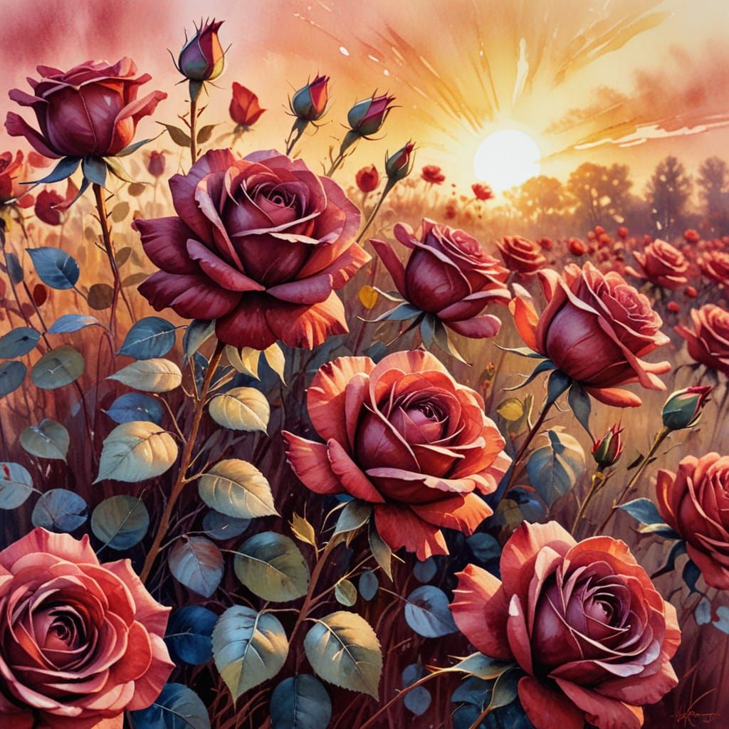 Burgundy Roses at Sunset in Impasto Watercolor