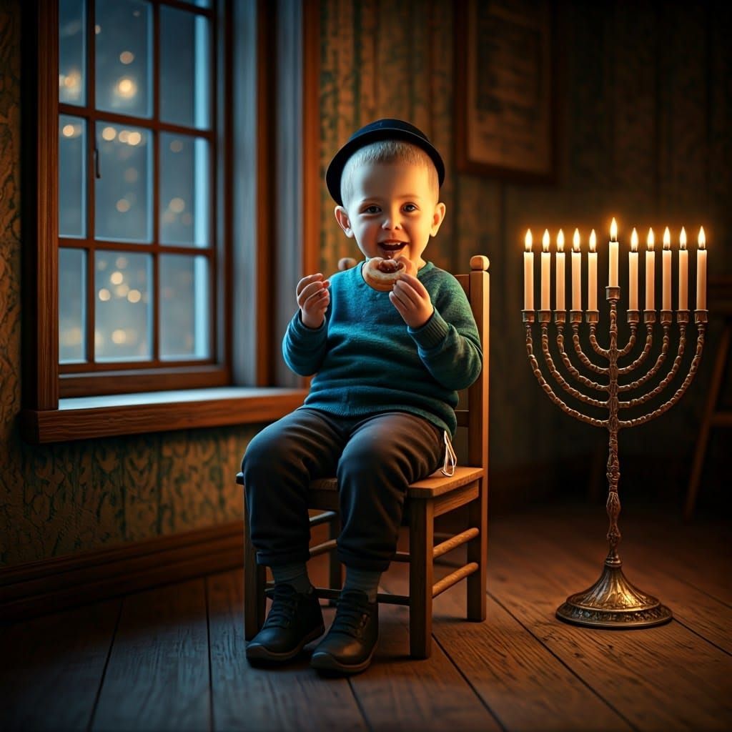 Joyful Boy with Chanukiah in Detailed Digital Art