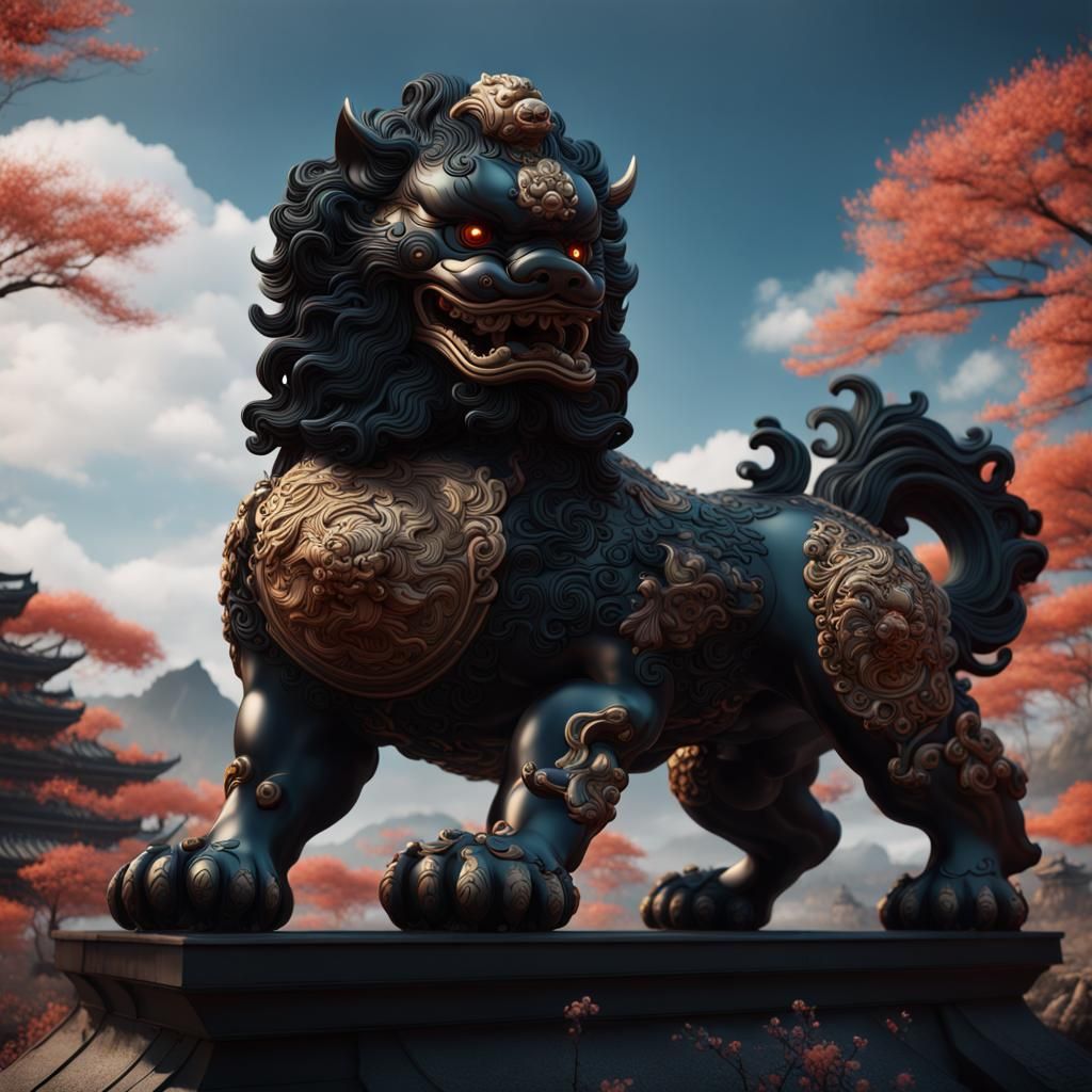Detailed Matte Painting of a Black Japanese Foo Dog