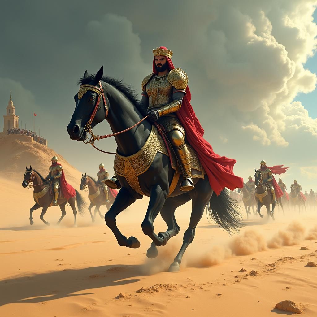 Arab Warrior Charges into Desert Sandstorm