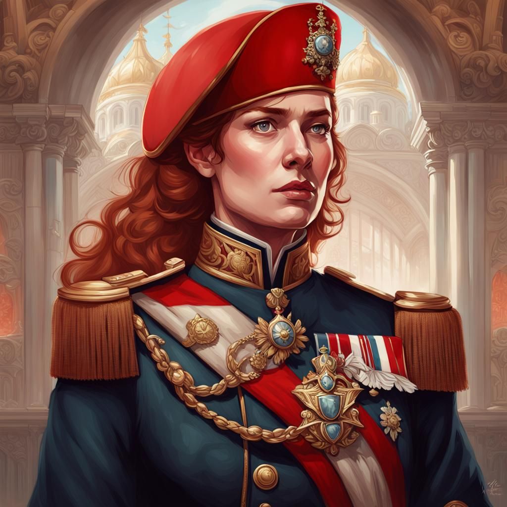 Victorian Queen and Officer Portrait in Art Nouveau Style