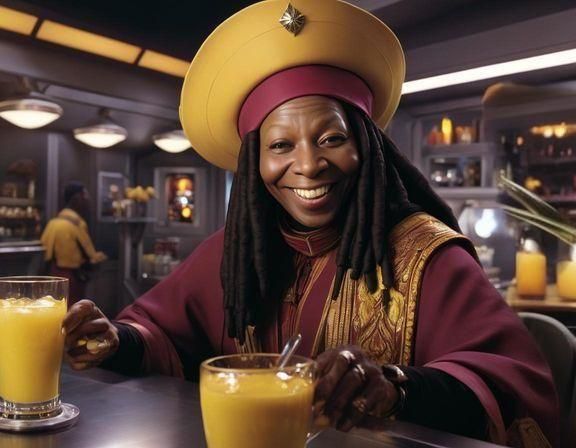 Whoopi Goldberg as Guinan. Wearing her signature Guinan hat. Serving drinks in Ten forward on the USS Enterprise D. St...