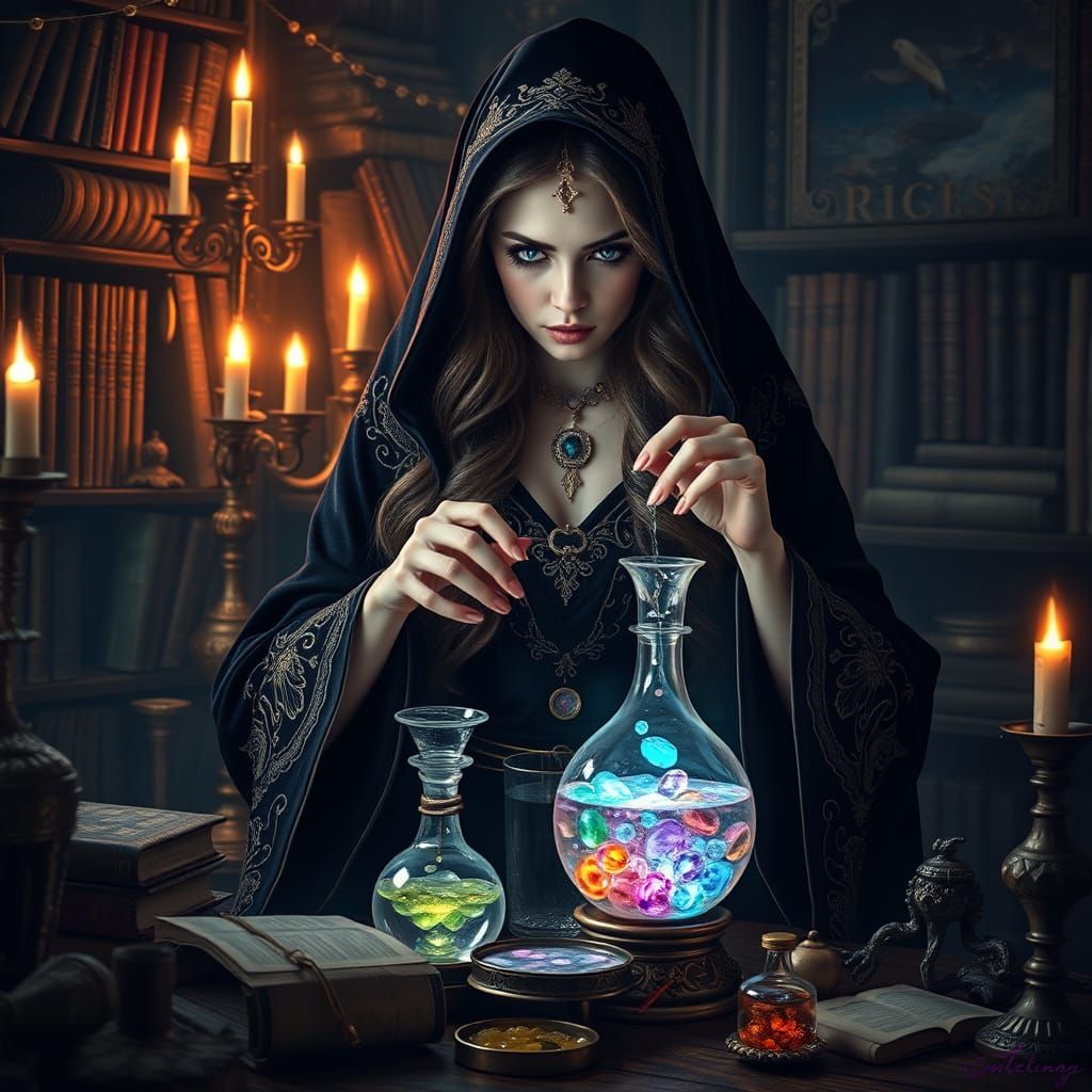 Mystical Sorceress Weaves Healing Potion in Velvet Black Rob...