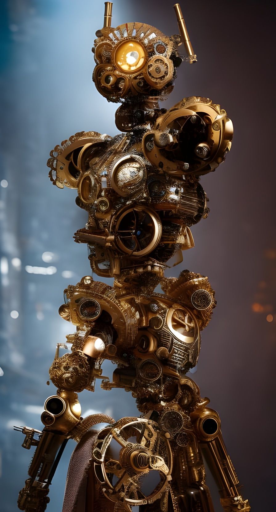 Steampunk Brass Robot Overlooking Waterfall