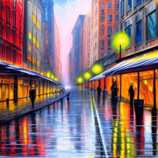 Rainy New York City Street in Impasto Style