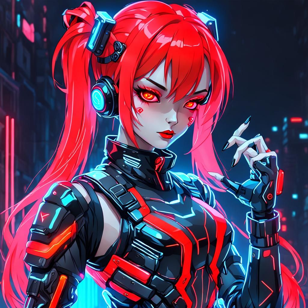 Neon Red Cyber Girl in Cyberpunk Style