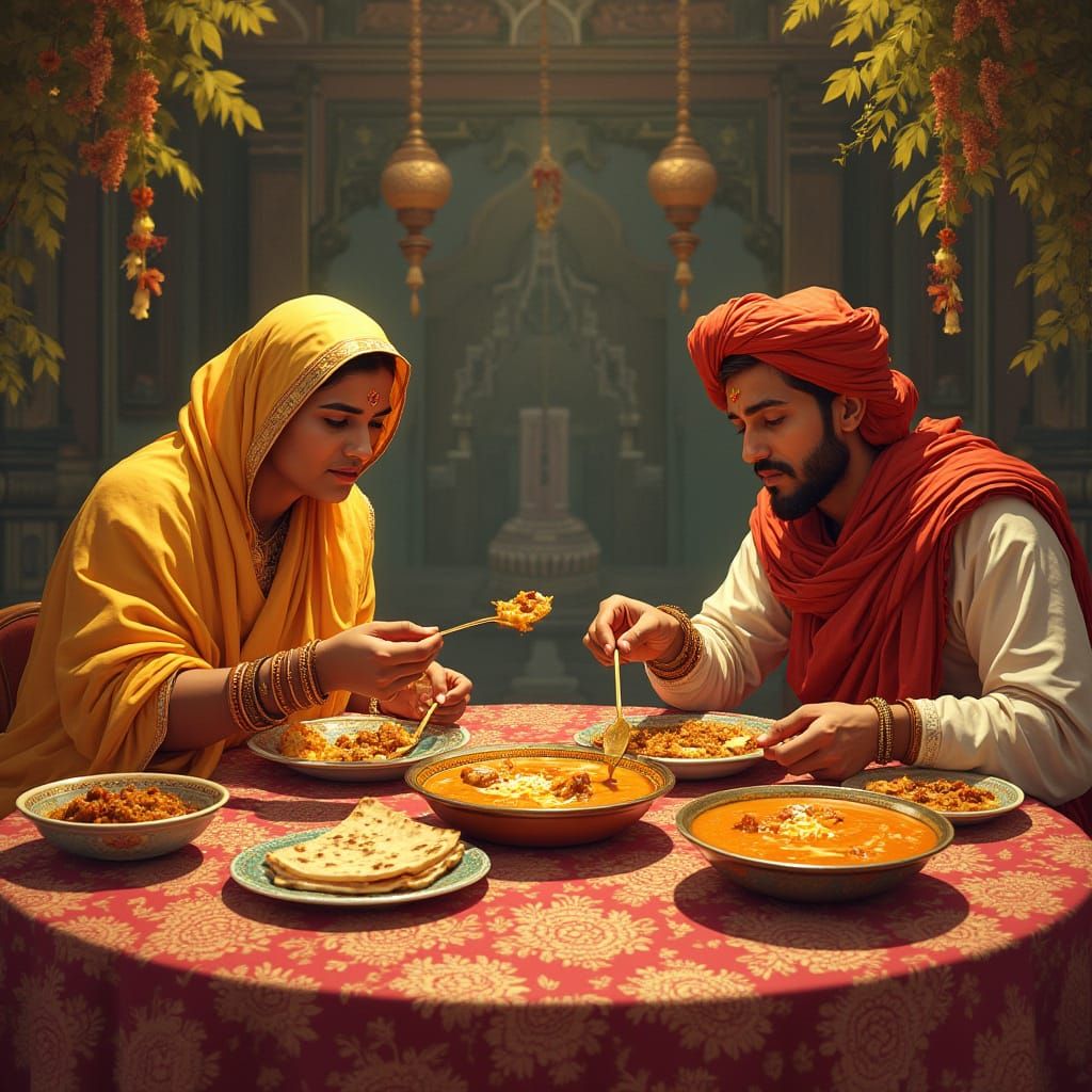 Indians Enjoying Curry in Mughal Miniature Style