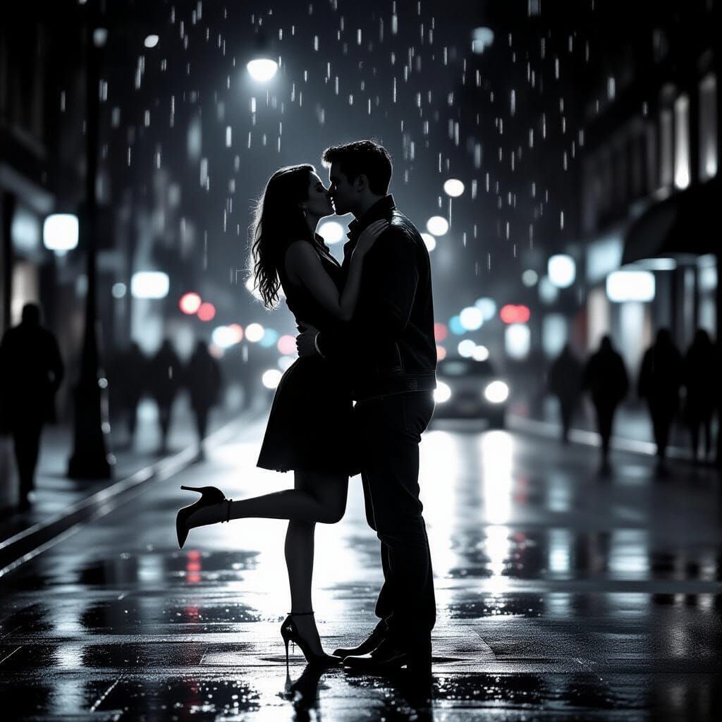Lovers Kissing in Rainy Street: Black and White Photography