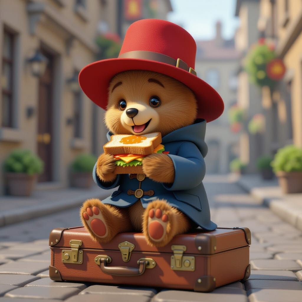 Paddington Bear Eating Sandwich in 3D Anime Style