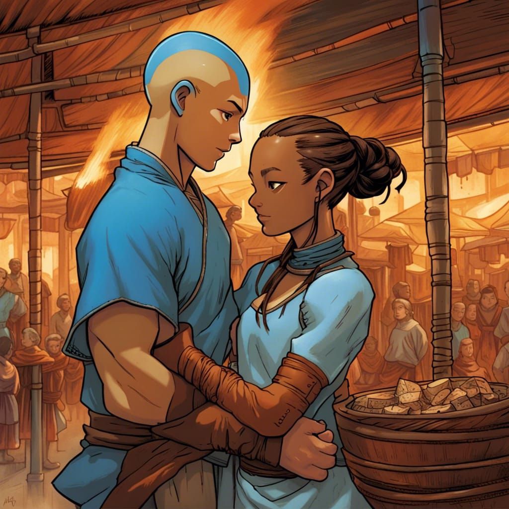 Aang and Katara in Foreign Marketplace Comic Art