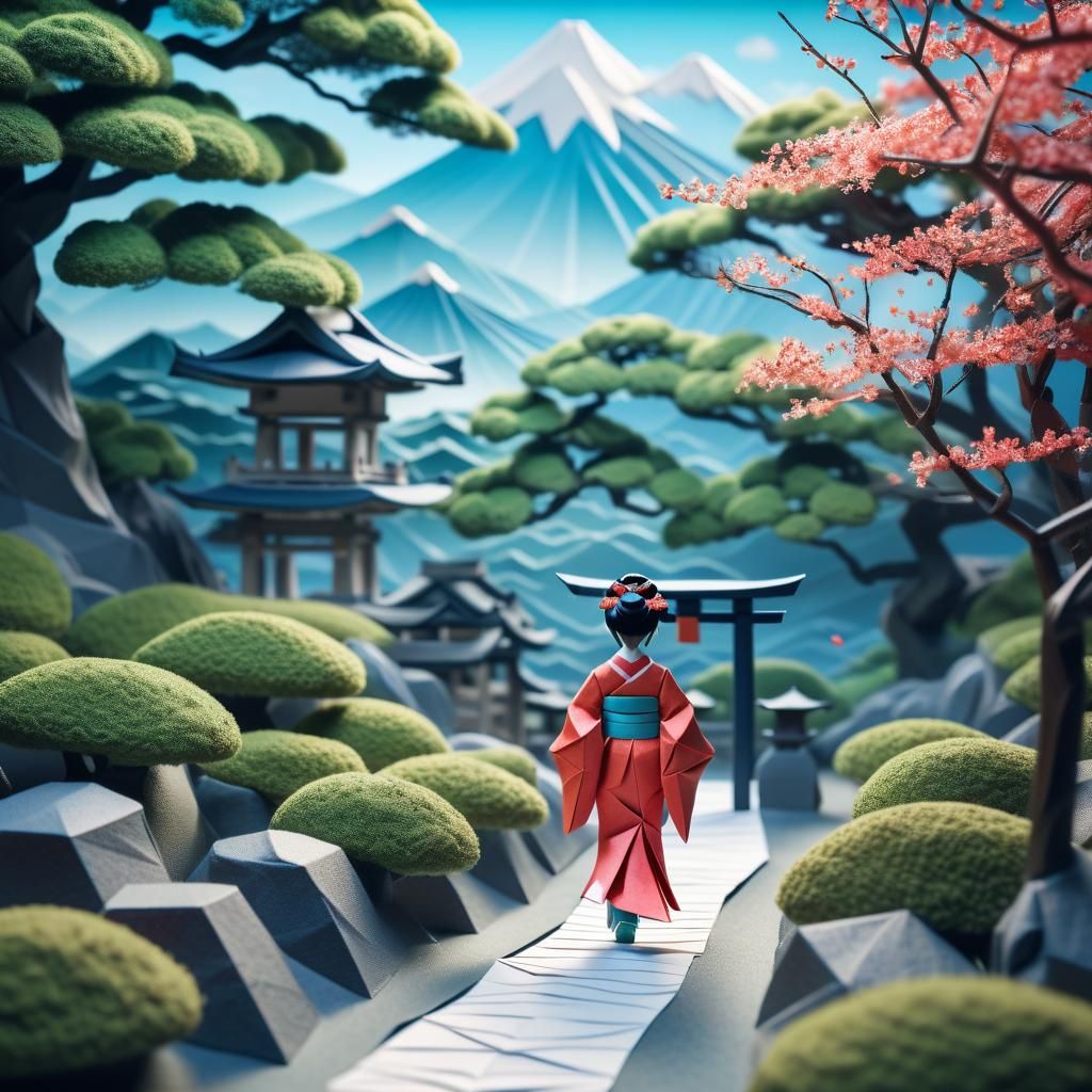 Origami Geisha Walking Down a Beautiful Path